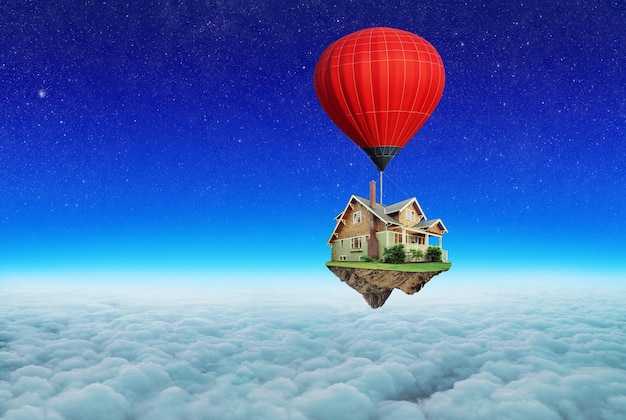 Balloon with house flies above the clouds Concept