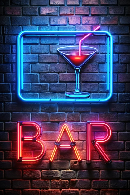 Foto modello di bar al neon lettere luminose bar e bicchiere da cocktail