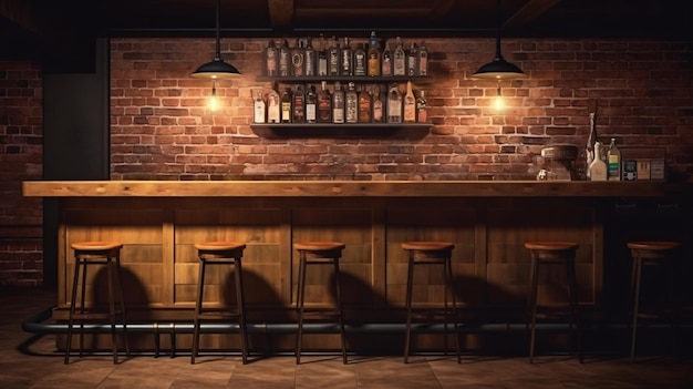 Photo a bar with a wooden bar with a row of stools and a shelf with bottles of alcohol on it.