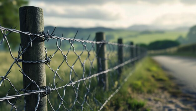 Photo barbed wire fence along a rural landscape in warm daylight with rolling hills in the background