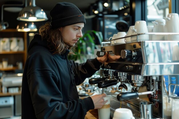 Photo barista in a cozy cafe making coffee with a professional espresso machine