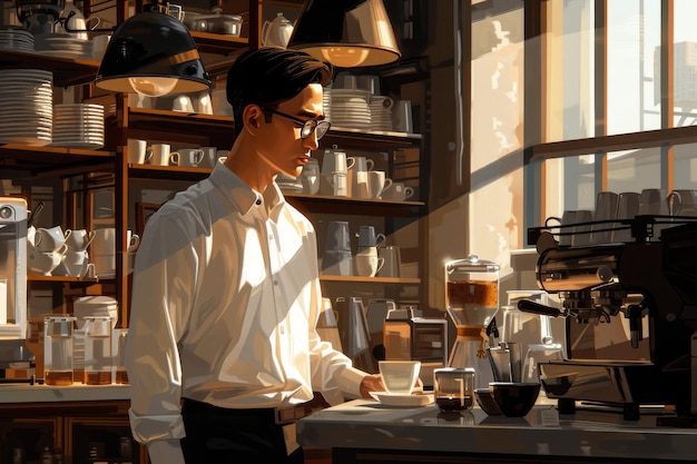 Photo barista in a cozy cafe with warm lighting and wooden shelves