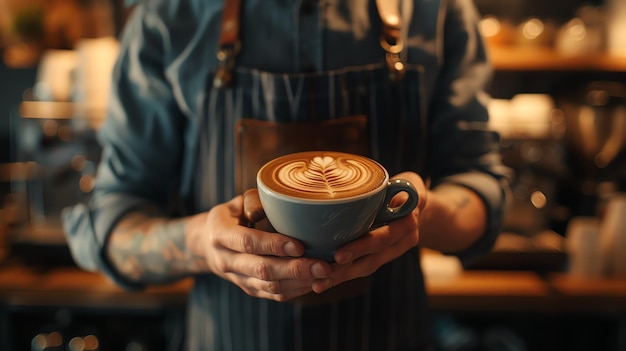 Barista holding a cup of coffee with latte art The barista is wearing an apron