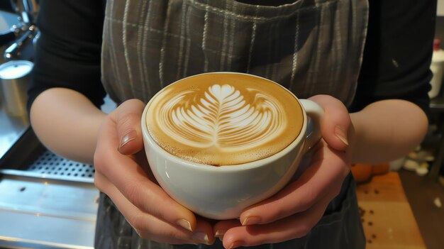 Barista holding a cup of coffee with latte art in the shape of a leaf The barista is wearing