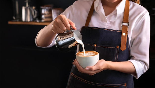 Photo barista make coffee by pouring spills hot milk cream on black coffee