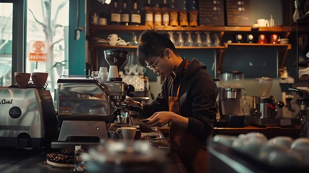 Photo barista making coffee with coffee machine in cafe