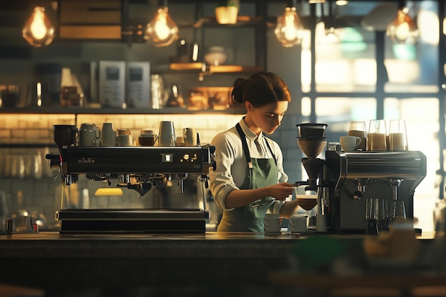 Photo barista preparing drinks in a busy coffee shop oct