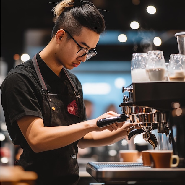 Photo a barista showcasing their skills in a coffeemaking competition with a focus on precision and crea