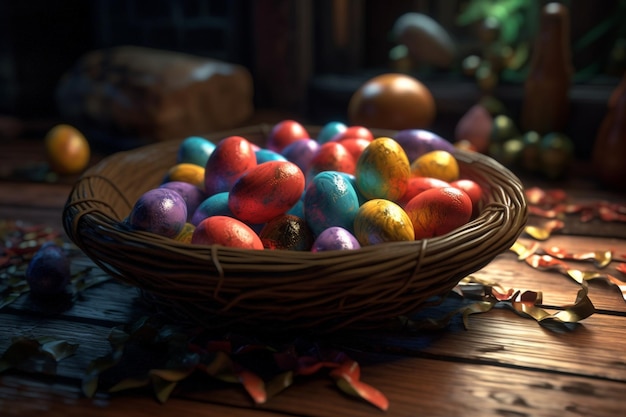 A basket of easter eggs sits on a table with a tv in the background.