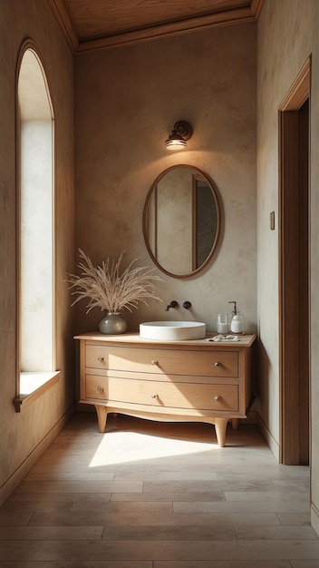 Bathroom with a wooden vanity and a mirror