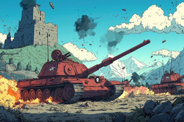 Photo battle of cartoon tanks and soldiers in intense ground combat scene with explosive action