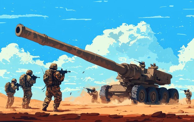 Photo battleready cartoon soldiers firing massive artillery for decisive strike