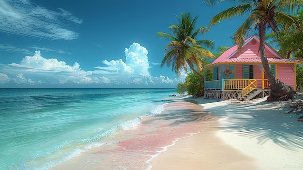 Foto una scena sulla spiaggia con una casa sulla sabbia e le palme