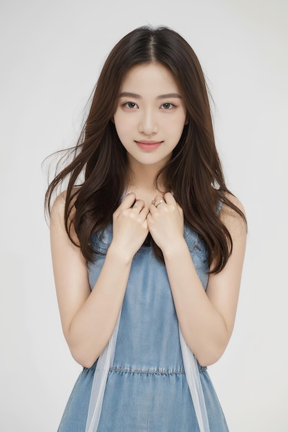 Photo a beautiful asian girl wearing a dress holding a shopping bag isolated on a white background