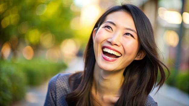 Photo beautiful asian woman laughing with cunning expression