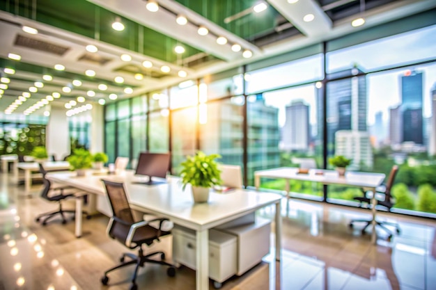 Beautiful blurred background of a light modern office interior with panoramic windows and beautiful lighting