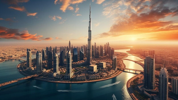 beautiful Dubai scene with aerial view of Dubai city in sunset light background