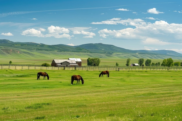 Photo beautiful farm with horses grazing in a large pasture