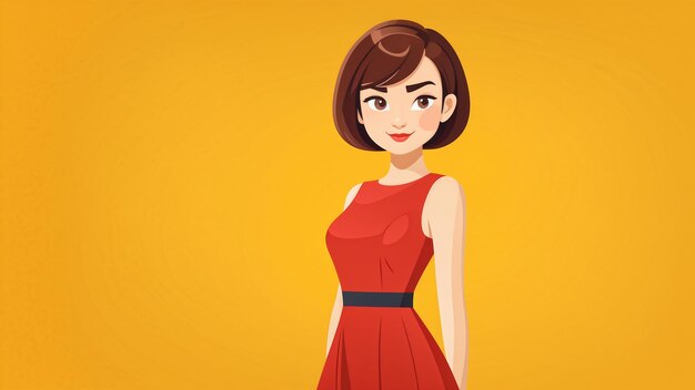 Photo beautiful girl in red dress on yellow background vector illustration