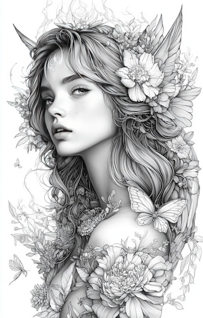 Photo beautiful girl with butterflies and flowers black and white illustration