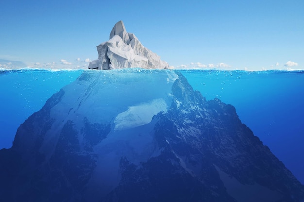 Beautiful iceberg with a hidden mountain in the sea with a view underwater Hidden danger concept Tip of the iceberg Creative idea Blue color