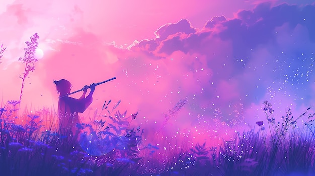 A beautiful landscape image of a person playing a flute in a field of flowers The sky is a vibrant pink and purple and the sun is setting