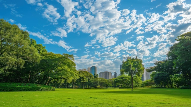 Photo beautiful landscape a park green grass with trees and skyscrapers against blue sky background