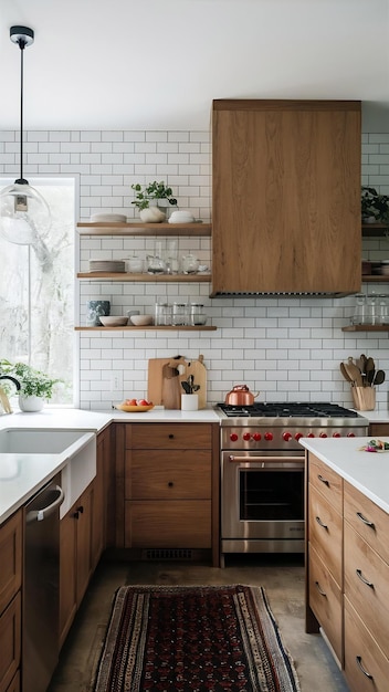 Photo a beautiful modern kitchen with wood cabinets and white subway tile backsplash