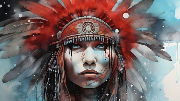 A beautiful red haired girl with a native American chief headdress magic watercolor style