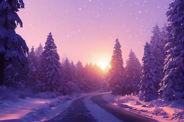 Beautiful Road Through the Winter Spruce Forest 3D Art Work Nature Background