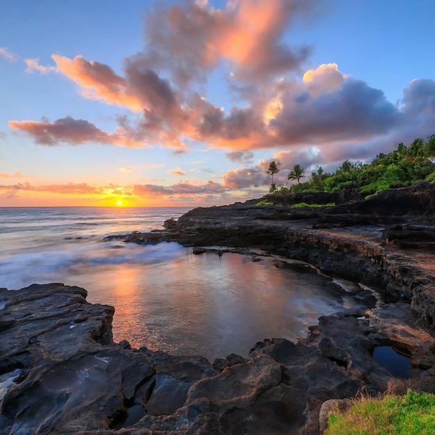 Beautiful scenery of rock formations by the sea at queens bath kauai hawaii at sunset