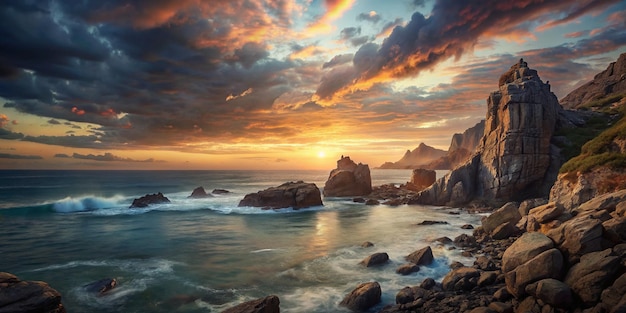 Beautiful scenery of rocky cliffs by the sea under a breathtaking cloudy sky at sunset