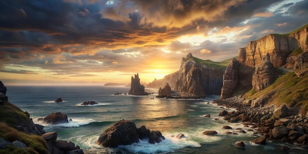 Beautiful scenery of rocky cliffs by the sea under a breathtaking cloudy sky at sunset