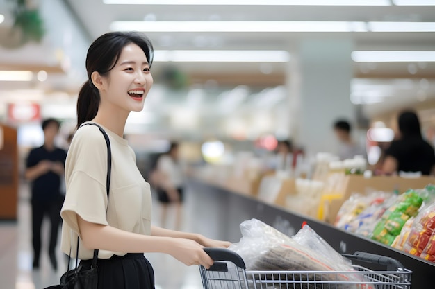 Photo beautiful smiling young asian woman going to the supermarket to buy supplies young lady at grocery shop for daily necessities in supermarket