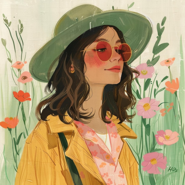 Photo beautiful watercolor illustration of cute girl in a hat among meadow flowers summer vibes aesthetic