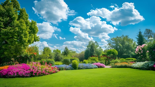 Photo beautiful wide format image of a manicured country lawn surrounded by trees and shrubs on a bright s