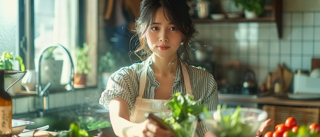 Foto una bella donna che prepara un'insalata verde in una cucina elegante