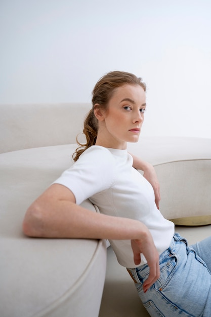 Beautiful woman wearing minimalist shirt