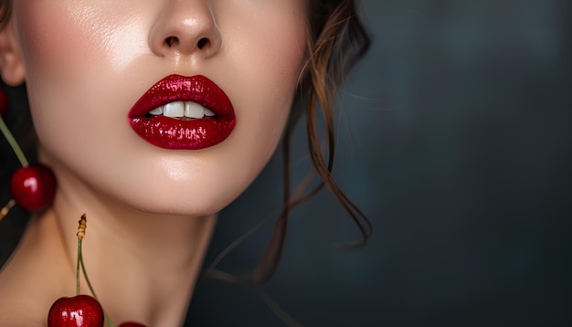 Beautiful woman with red lips and cherries on dark background closeup