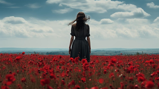 Beautiful young woman in poppy field Freedom and happiness concept