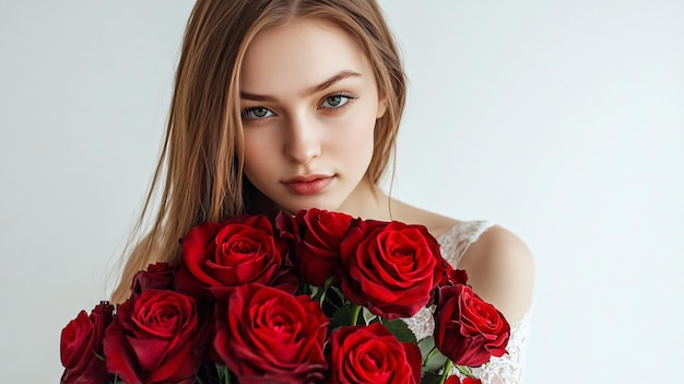 Beautiful Young Woman with Bouquet of Roses on White Background