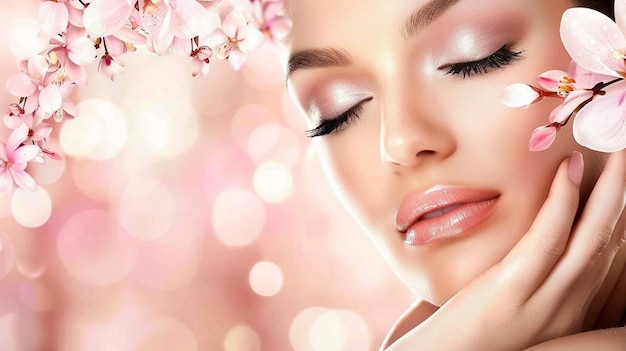 Beauty care ladies smooth face with flowers petals