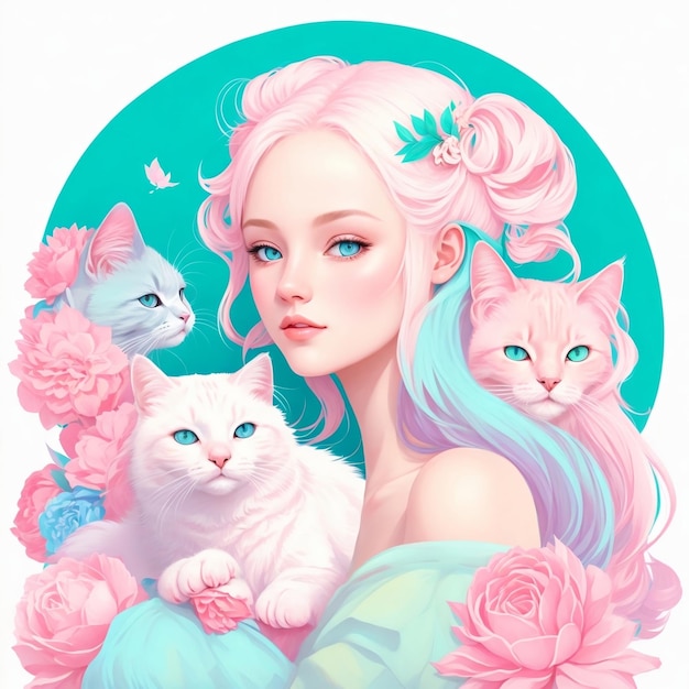 Beauty girl and cats images with ai generated