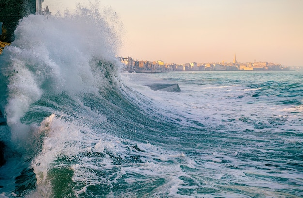 Big wave crushing, high tide in Saint-Malo , Brittany, France