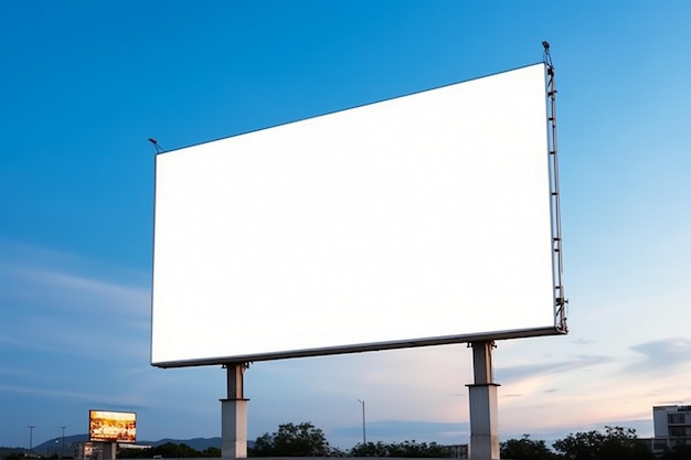 A billboard with a blue sky and a building in the background