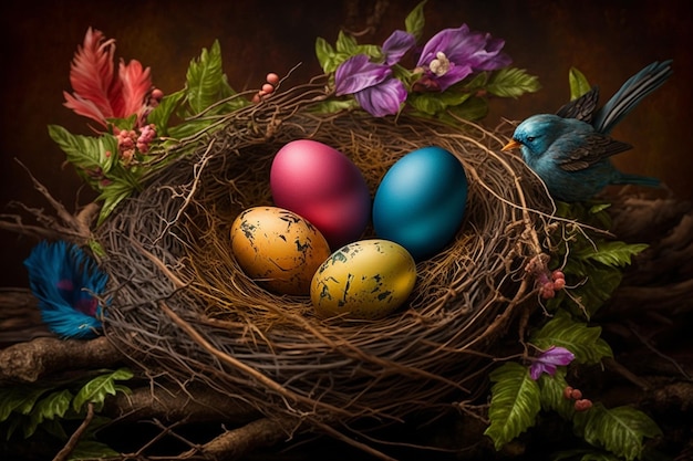 A bird sits in a nest with colorful eggs