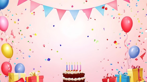 Photo birthday party background with balloons cake gifts and colorful confetti in a festive setting