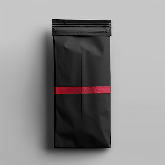 a black bag with a red stripe is on a gray background