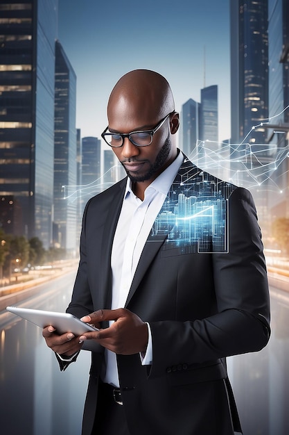 A black businessman using a tablet with a digital city wireframe and growing arrow lines in the background representing networking and technology