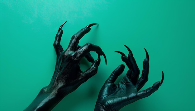 Black hands of witch with claws on green background Halloween celebration